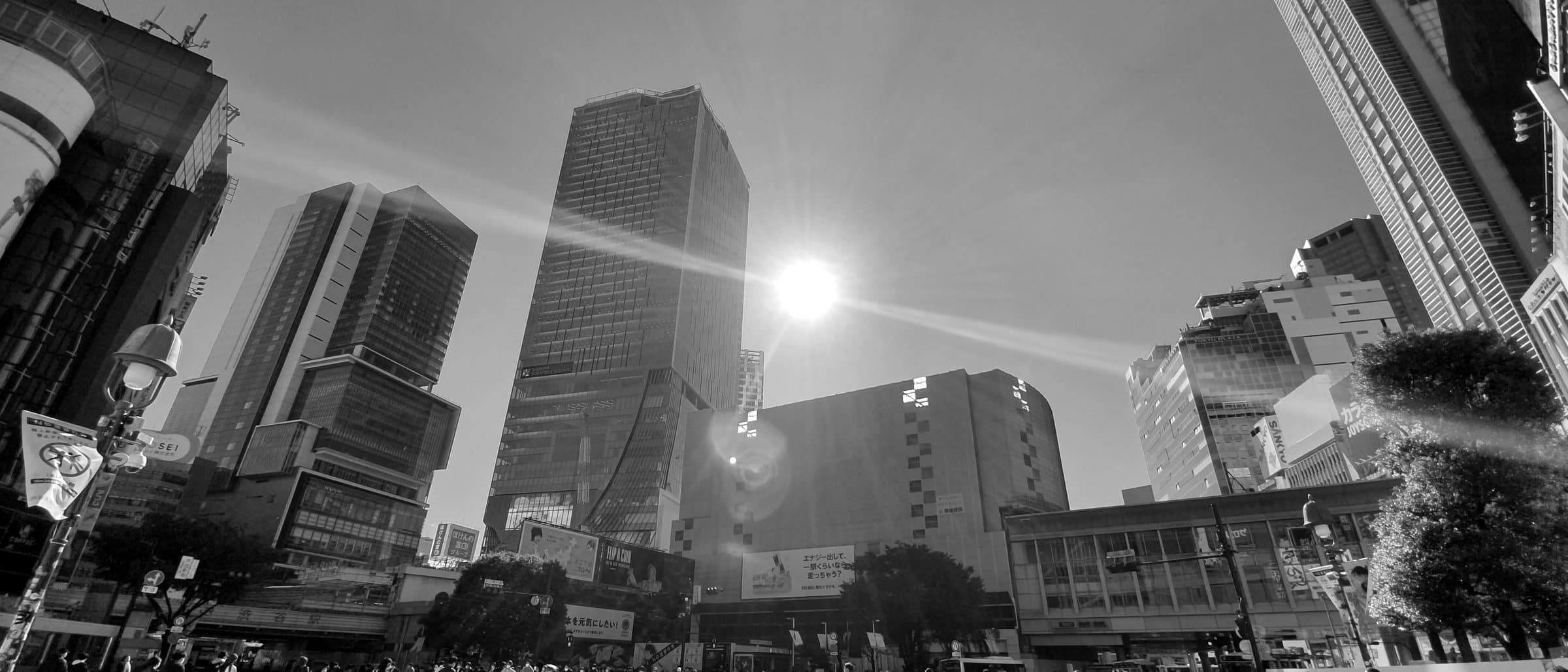 Pedestrians crossing a wide intersection in central Tokyo, shot into the sun.
